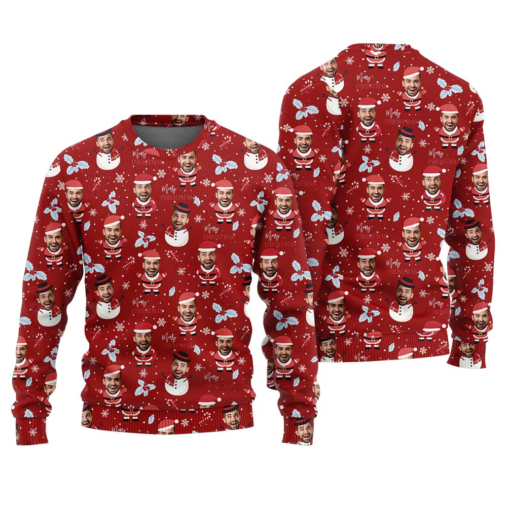 Personalized Snowman Ugly Sweater With Face Cardinal Red