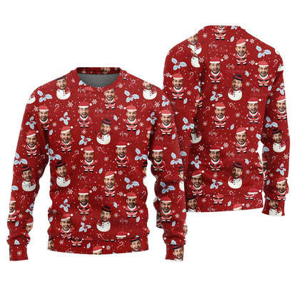 Personalized Snowman Ugly Sweater With Face Cardinal Red