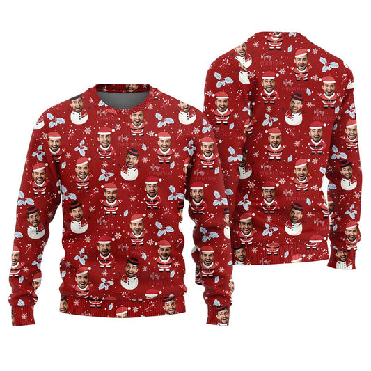 Personalized Snowman Ugly Sweater With Face Cardinal Red