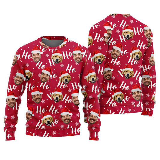 Personalized Your Face And Dog Funny Ugly Christmas Sweater Red