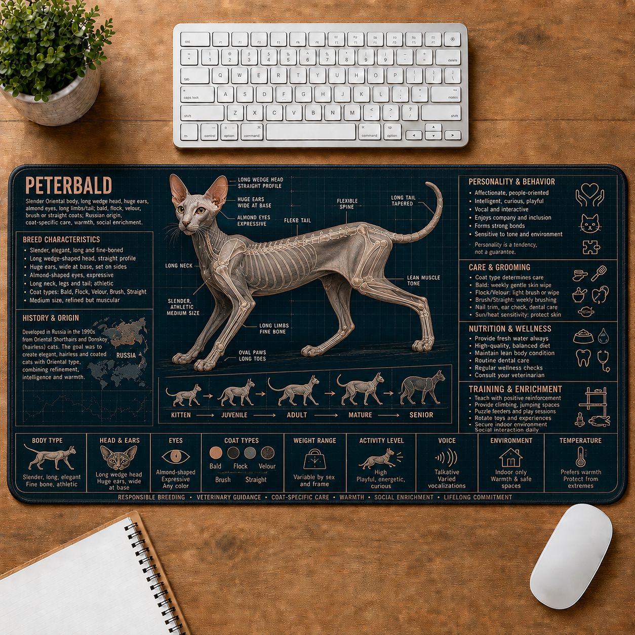 Peterbald Cat Breed Desk Mat Anatomy Guide | 5To9Vibe