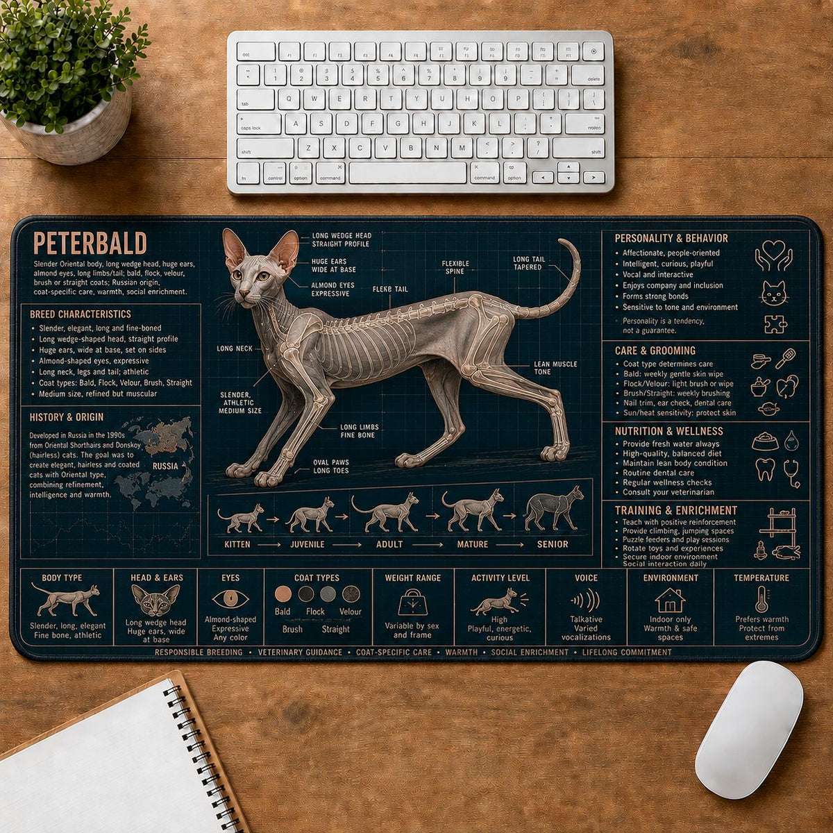 Peterbald Cat Breed Desk Mat Anatomy Guide | 5To9Vibe