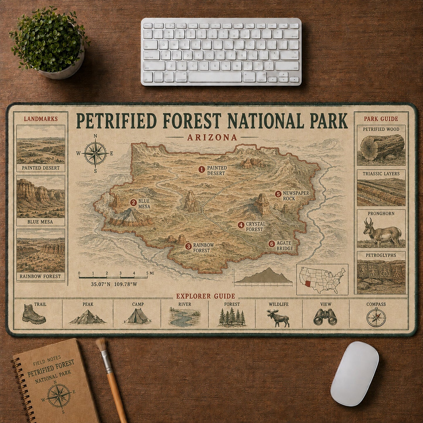 Petrified Forest National Park Vintage Topographic Park Map Explorer Guide Desk Mat | 5To9Vibe