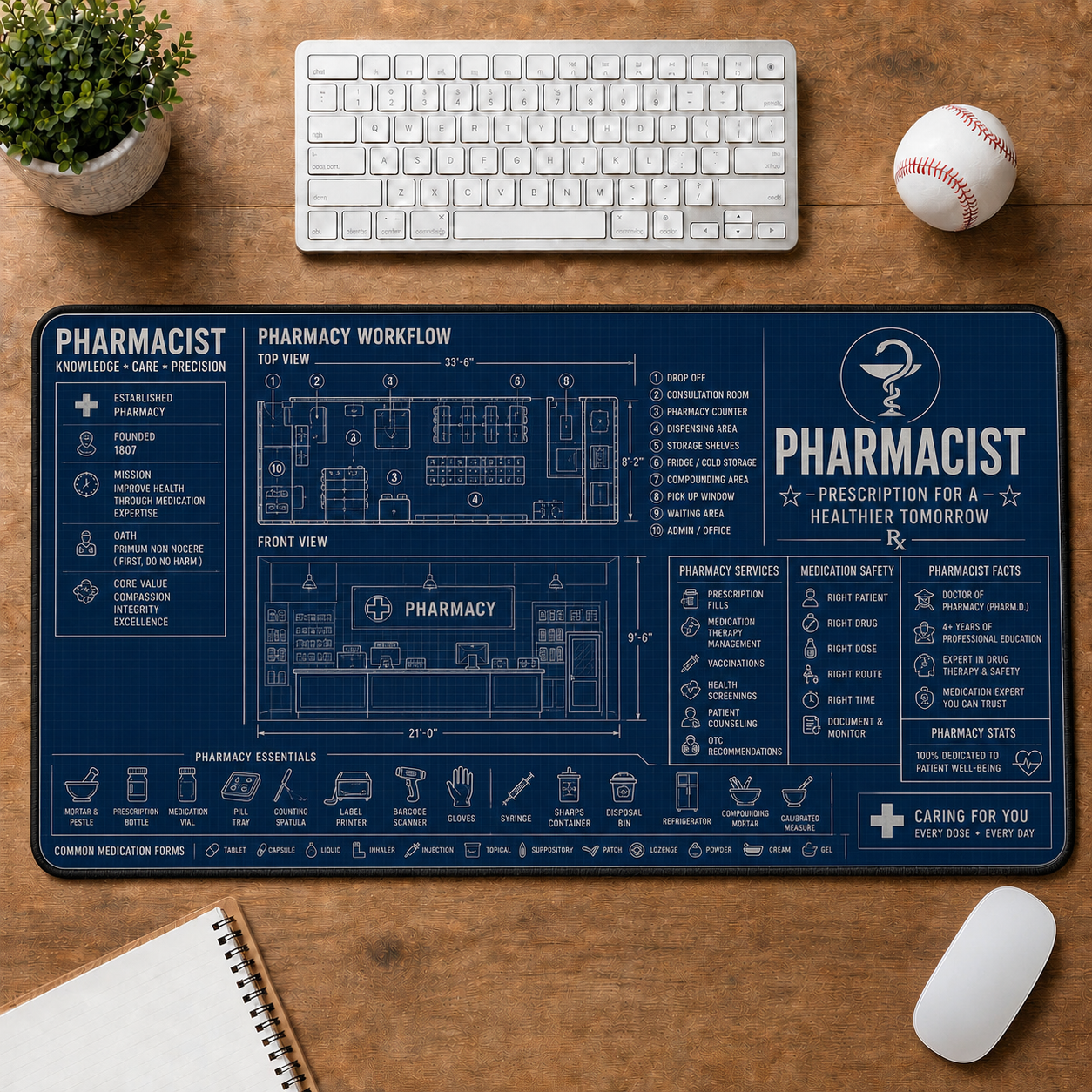 Dental Clinic Blueprint Large Desk Mat - Dentist Chair & Tooth Anatomy Plus Size Mouse Pad - 5to9vibe