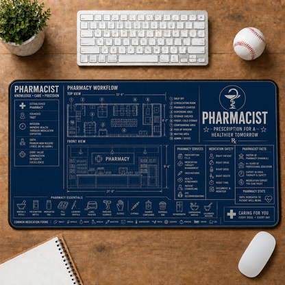 Dental Clinic Blueprint Large Desk Mat - Dentist Chair & Tooth Anatomy Plus Size Mouse Pad - 5to9vibe