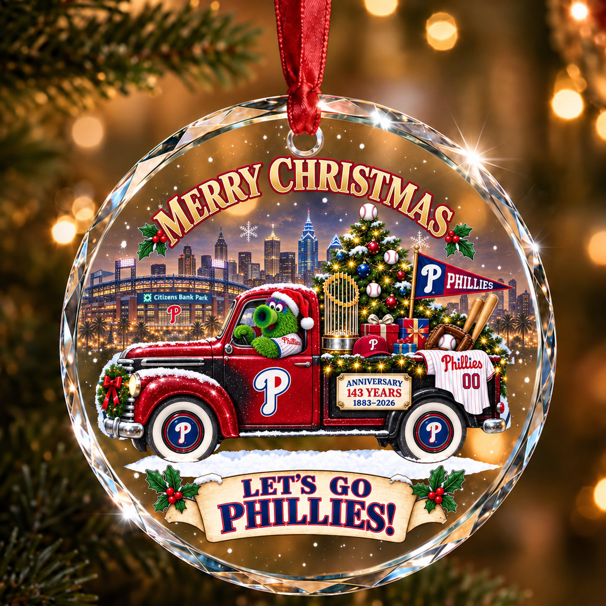 All Baseball Teams Christmas Truck Round Glass Ornament  With Red Gift Box | 5to9vibe