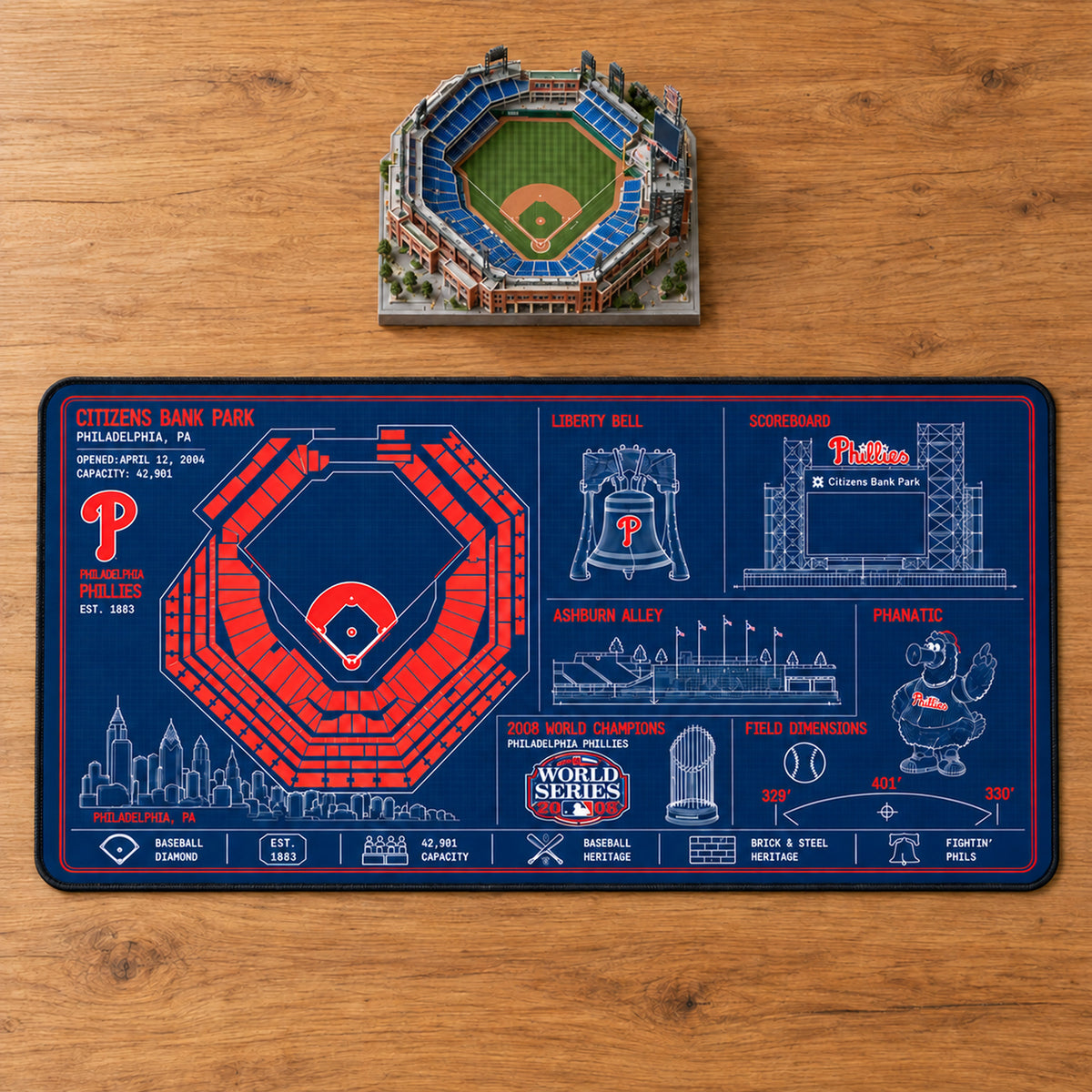 Philadelphia Phillies Citizens Bank Park blueprint desk mat, 16" x 32", on a wooden desk with a decorative stadium model