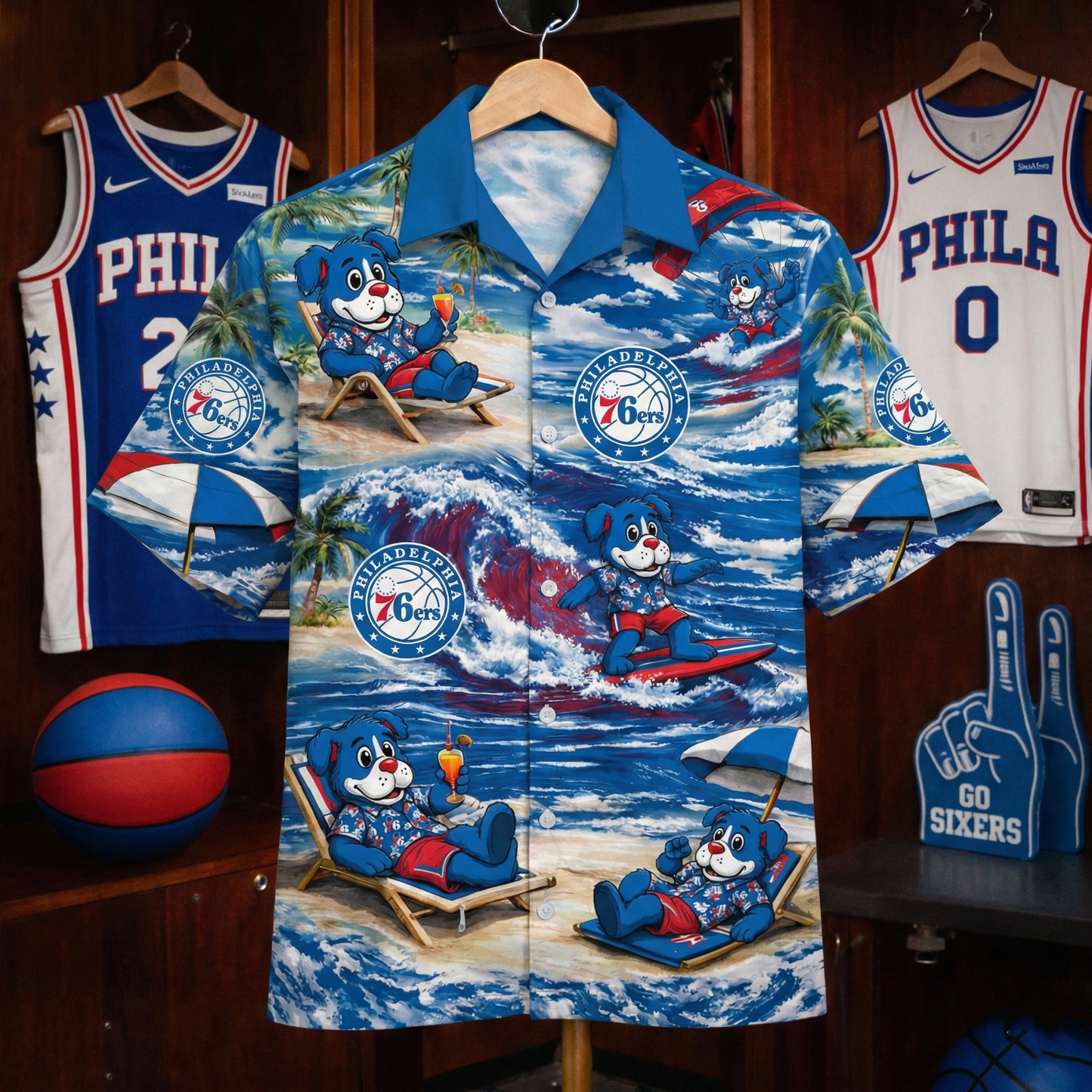 Camisa Hawaiana Unisex P76ers Basketball Mascot Beach Viber para Hombres y Mujeres