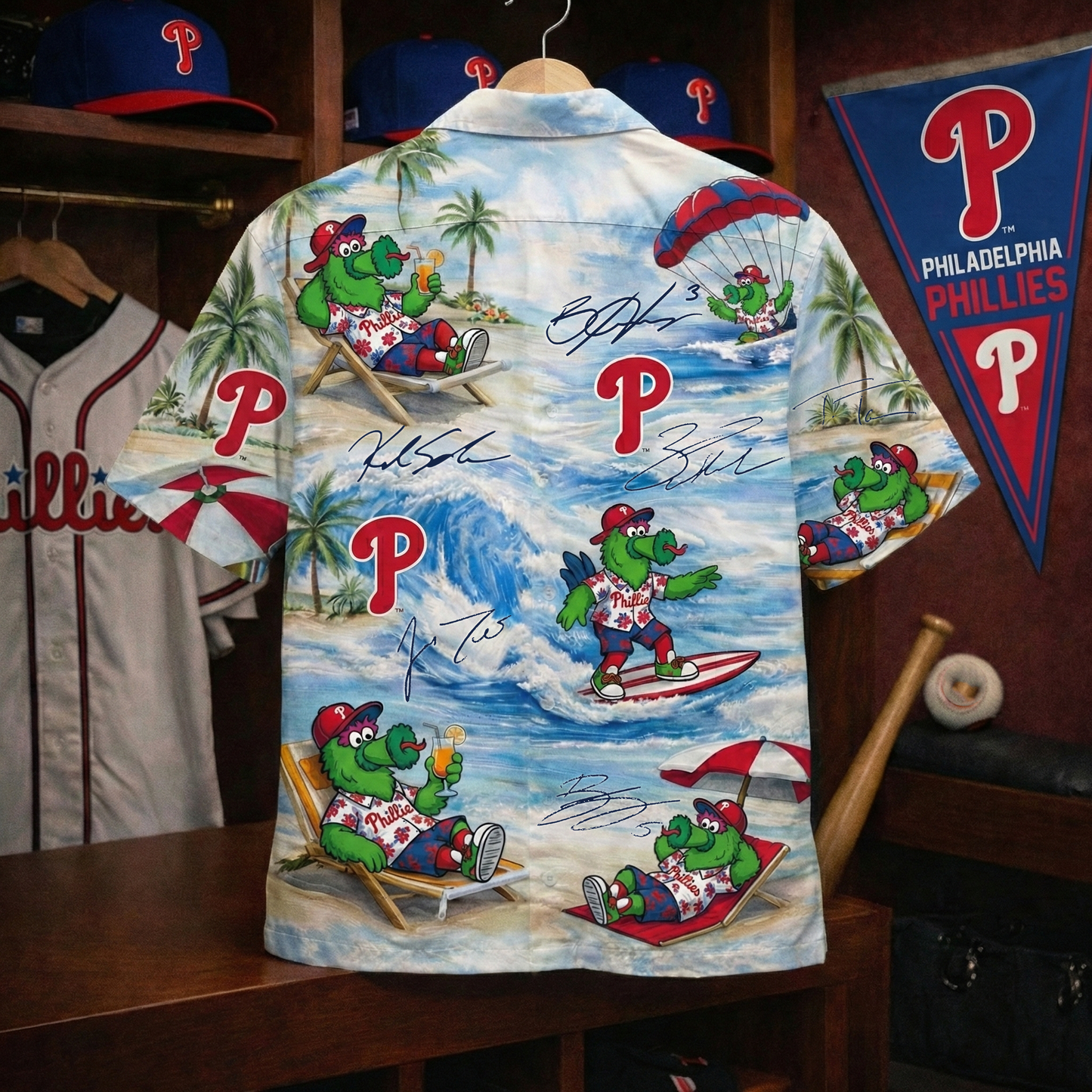 PP Baseball Mascot Beach Viber With Player Signature  Button-Up Unisex Hawaiian Shirt For Men & Women