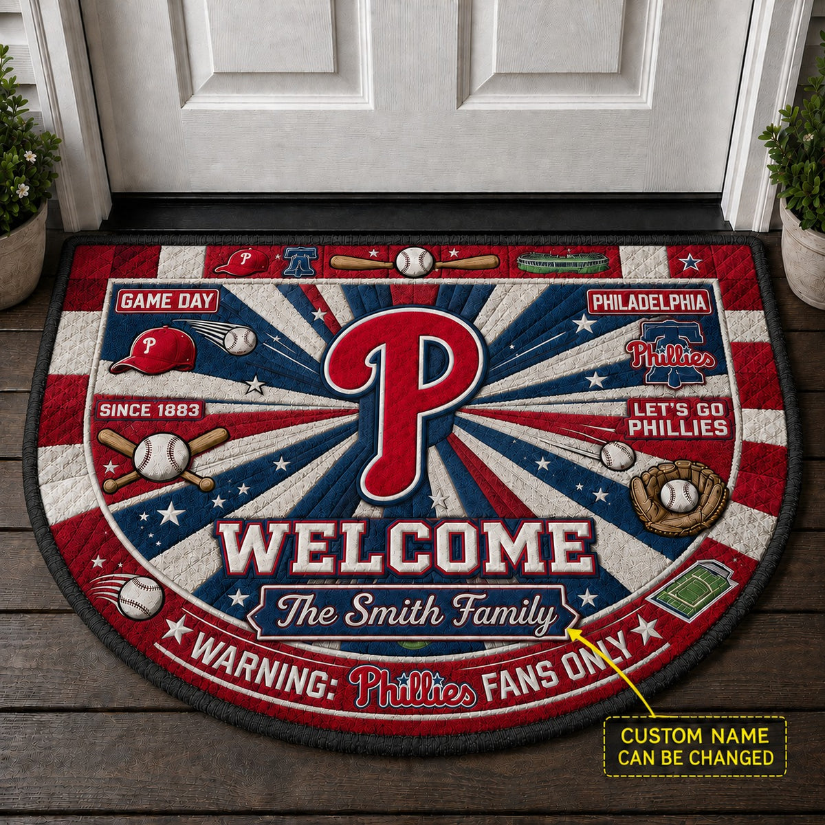 Official-Inspired Baseball Fan Custom Quilted Print Premium Welcome Mat Washable Black Border – Personalized Baseball Doormat