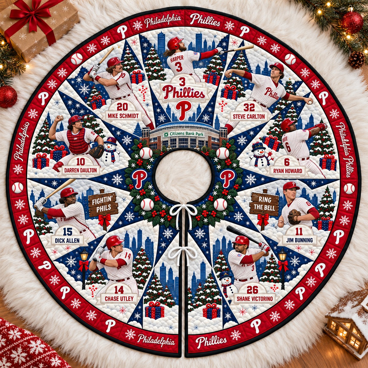 All Baseball Teams Vintage Players & Stadium Holiday Quilt Christmas Skirt Tree for Baseball Fans - 5To9Vibe