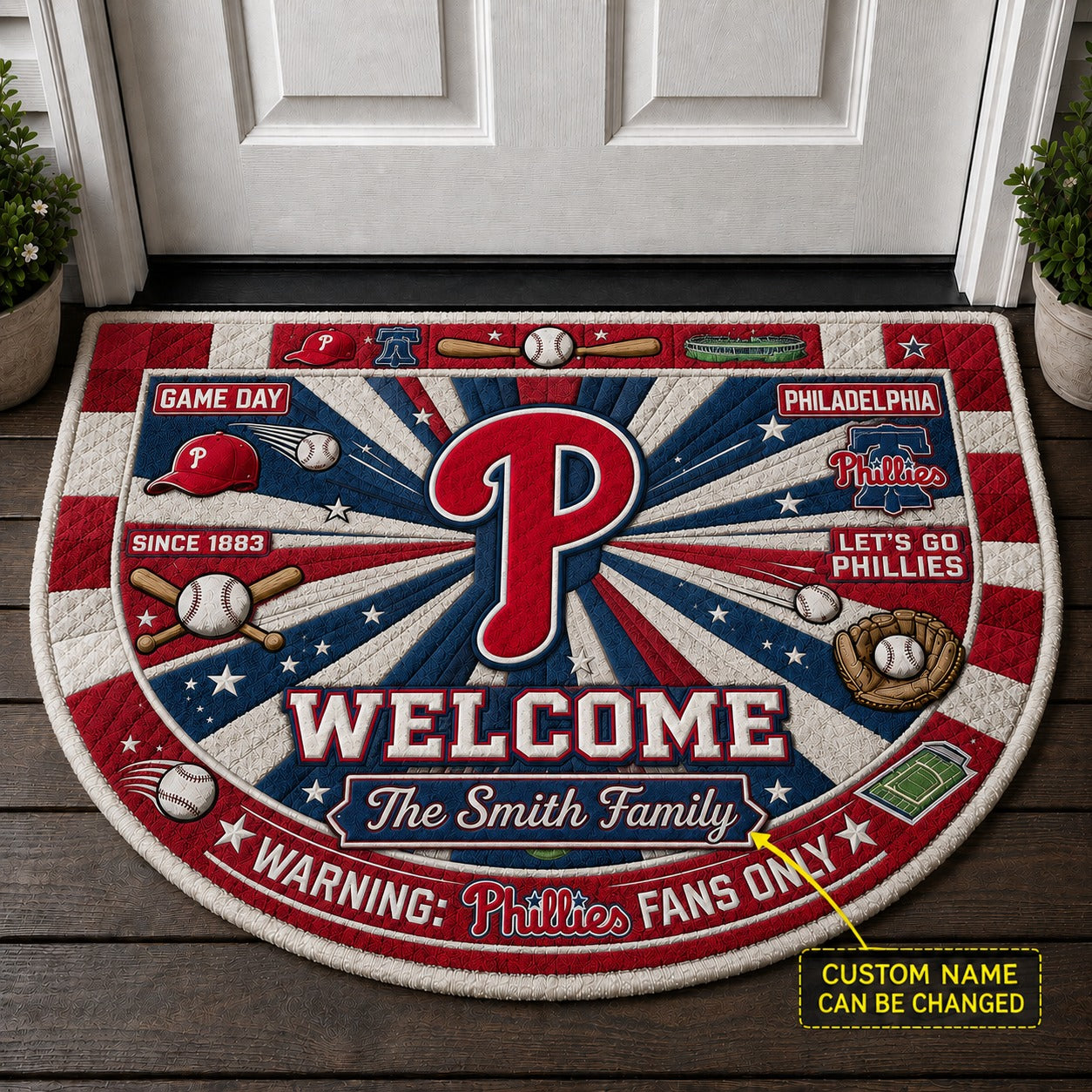 Official-Inspired Baseball Fan Custom Quilted Print Premium Welcome Mat Washable Black Border – Personalized Baseball Doormat