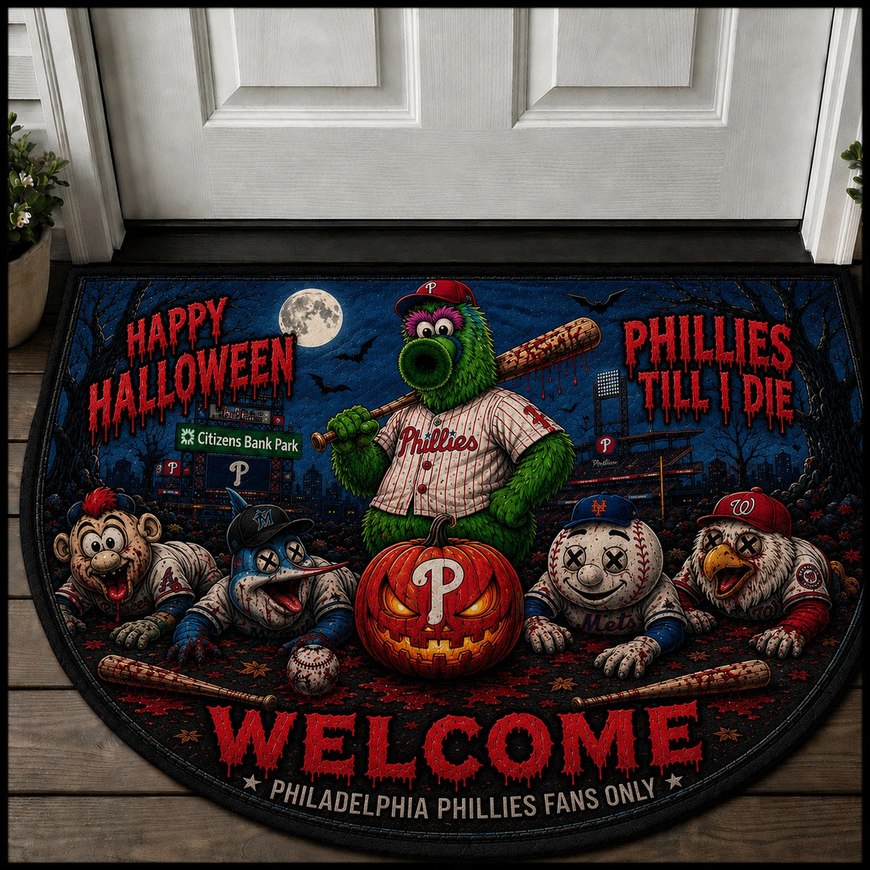 Baseball Halloween All Teams Custom Quilted Print Premium Welcome Mat – Personalized Baseball Doormat