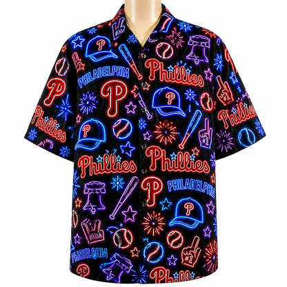 All Baseball Teams Neon Pattern Vibe Summer Party Button-Up Unisex Hawaiian Shirt For Men and Women