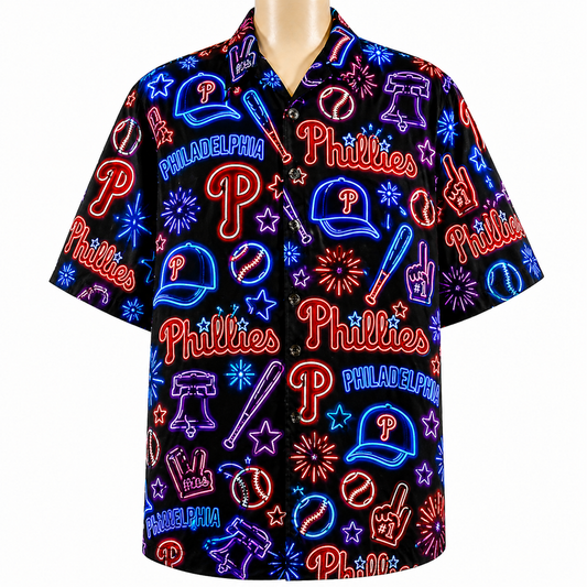PP Baseball Teams Neon Pattern Vibe Summer Party Button-Up Unisex Hawaiian Shirt For Men and Women