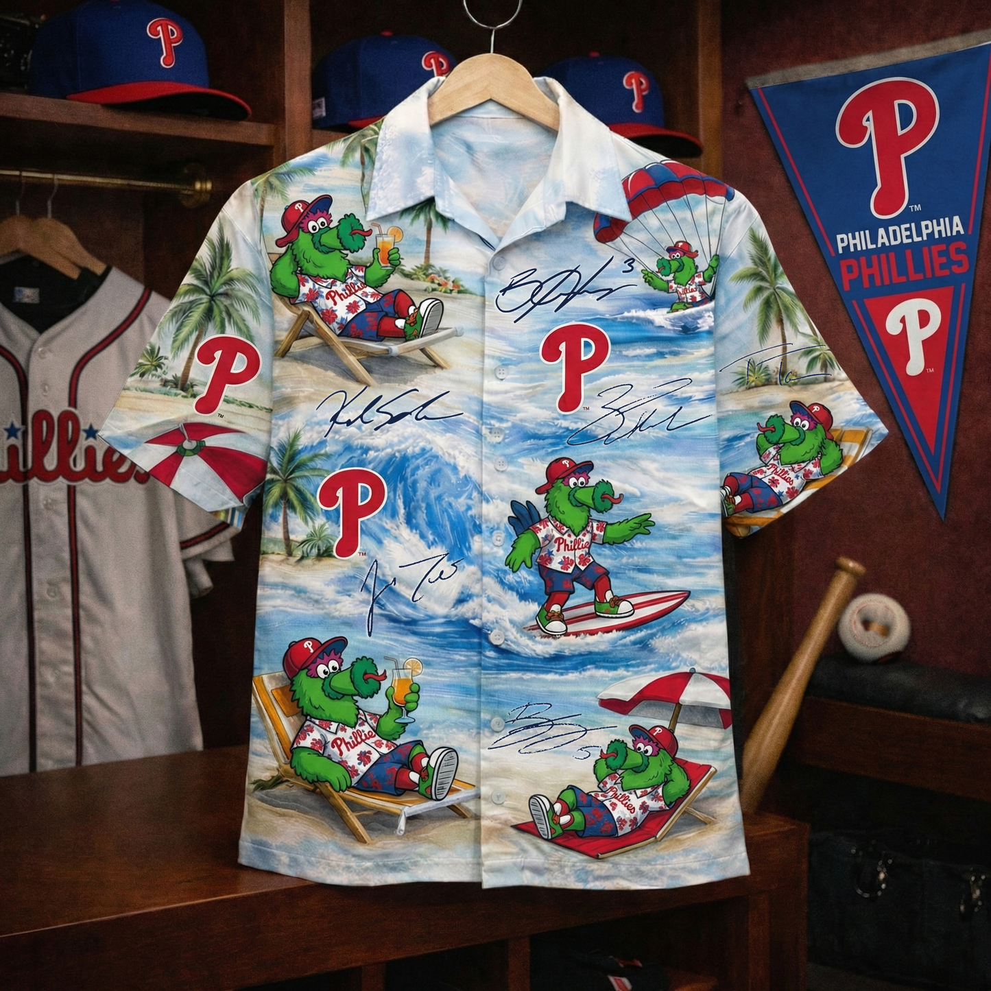 PP Baseball Mascot Beach Viber With Player Signature  Button-Up Unisex Hawaiian Shirt For Men & Women