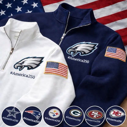Football Logo America 250 Anniversary Embroidered Logo Premium Quarter Zip Sweatshirt, Inspired Quarter Zip Sweater