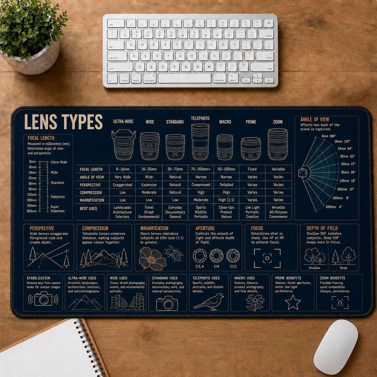 Photography Lens Types Desk Mat | 5To9Vibe