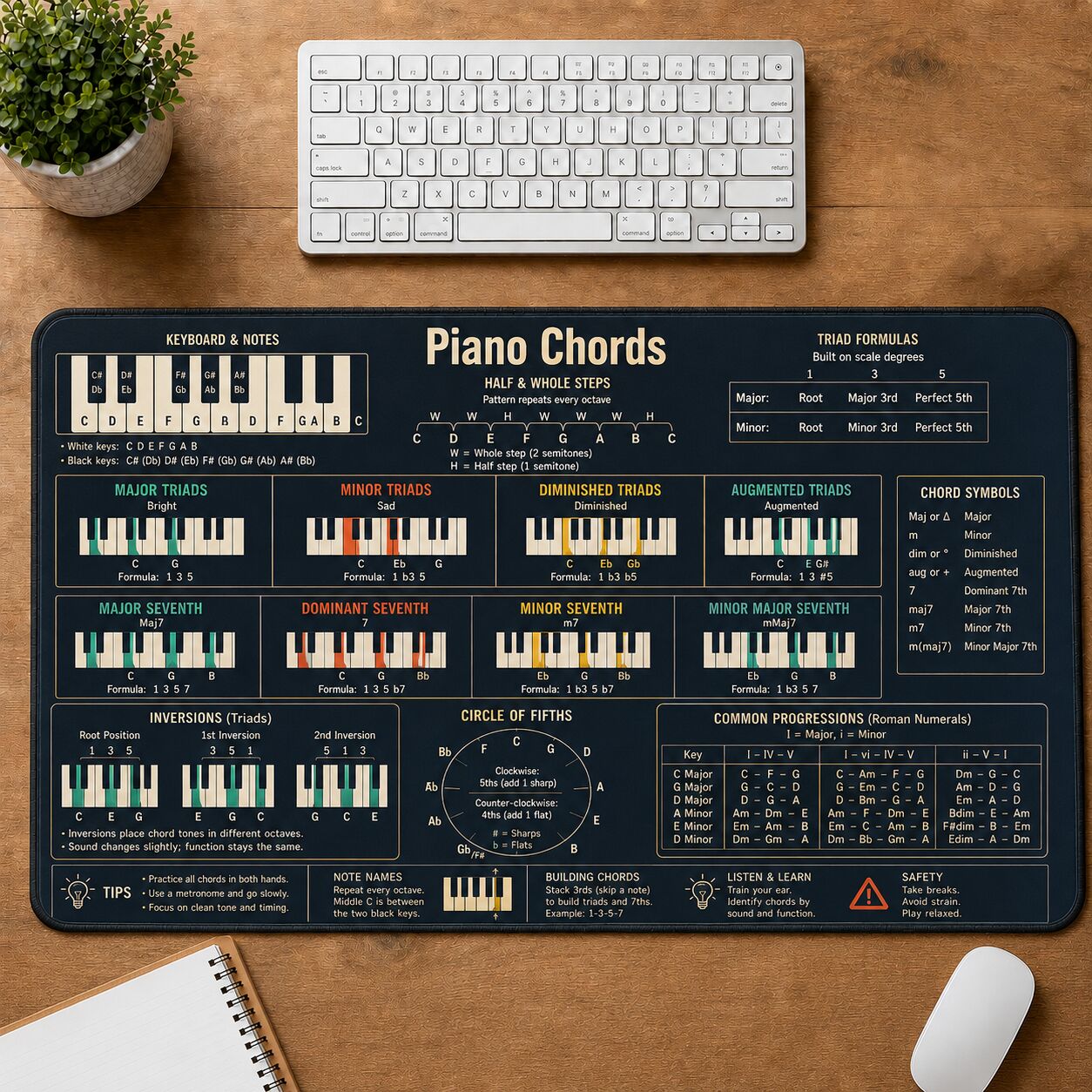 Piano Chords Cheat Sheet Quick Reference Guide Desk Mat | 5To9Vibe