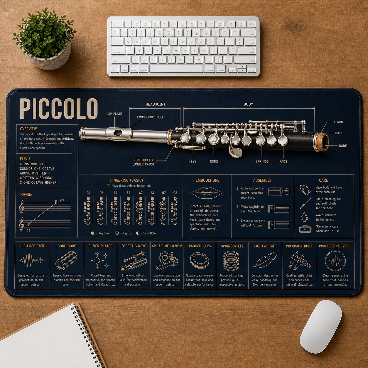 Piccolo Musical Instrument Blueprint Guide Desk Mat | 5To9Vibe
