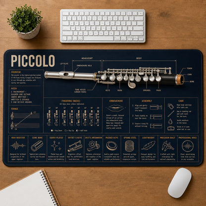 Piccolo Musical Instrument Blueprint Guide Desk Mat | 5To9Vibe