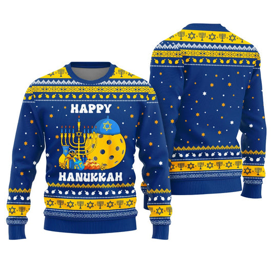 Pickleball Menorah Ugly Hanukkah Sweater Royal