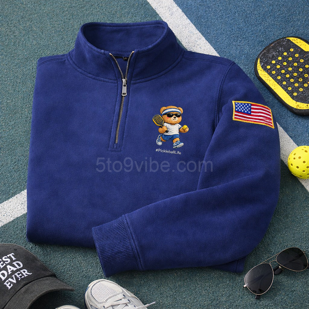 Pickleball Life Embroidered Quarter Zip Sweatshirt, Funny Pickleball Bear Pullover, Men's Casual Zip Up Jacket, Gift for Pickleball Lover Dad