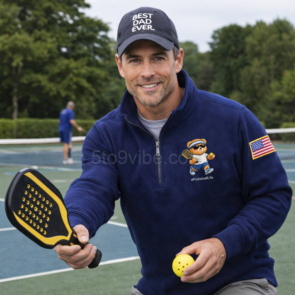 Pickleball Life Embroidered Quarter Zip Sweatshirt, Funny Pickleball Bear Pullover, Men's Casual Zip Up Jacket, Gift for Pickleball Lover Dad
