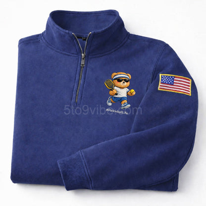 Pickleball Life Embroidered Quarter Zip Sweatshirt, Funny Pickleball Bear Pullover, Men's Casual Zip Up Jacket, Gift for Pickleball Lover Dad