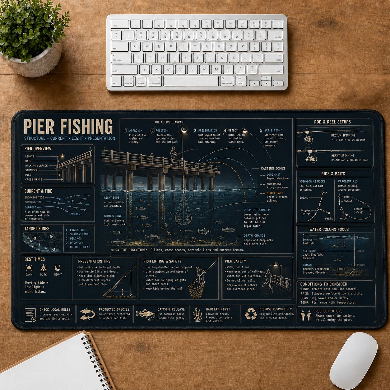 Pier Fishing Fishing Field Guide Desk Mat | 5To9Vibe
