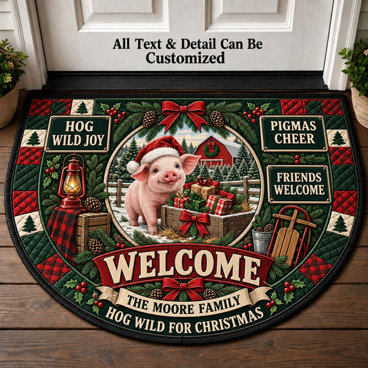 Pig Farm Christmas Personalized Half Round Mat | 5To9Vibe
