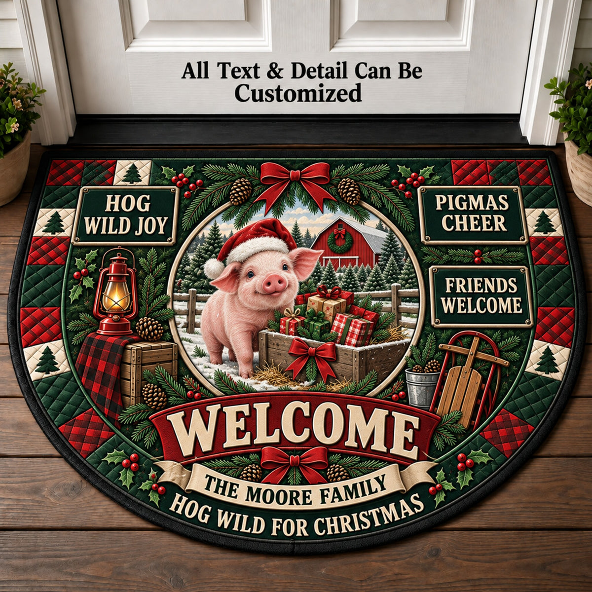 Pig Farm Christmas Personalized Half Round Mat | 5To9Vibe