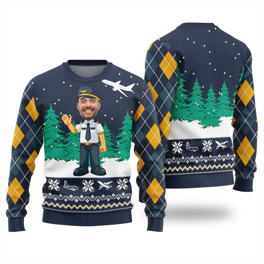 Custom Face Pilot Job Funny Ugly Xmas Sweater Navy