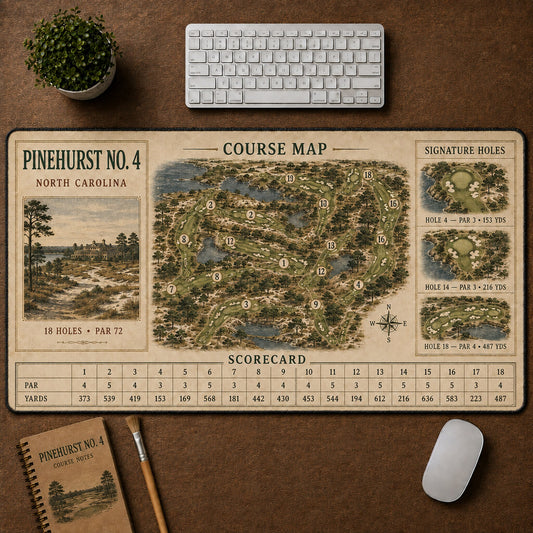 Pinehurst No. 4 Vintage Golf Course Map & Scorecard Guide Desk Mat | 5To9Vibe