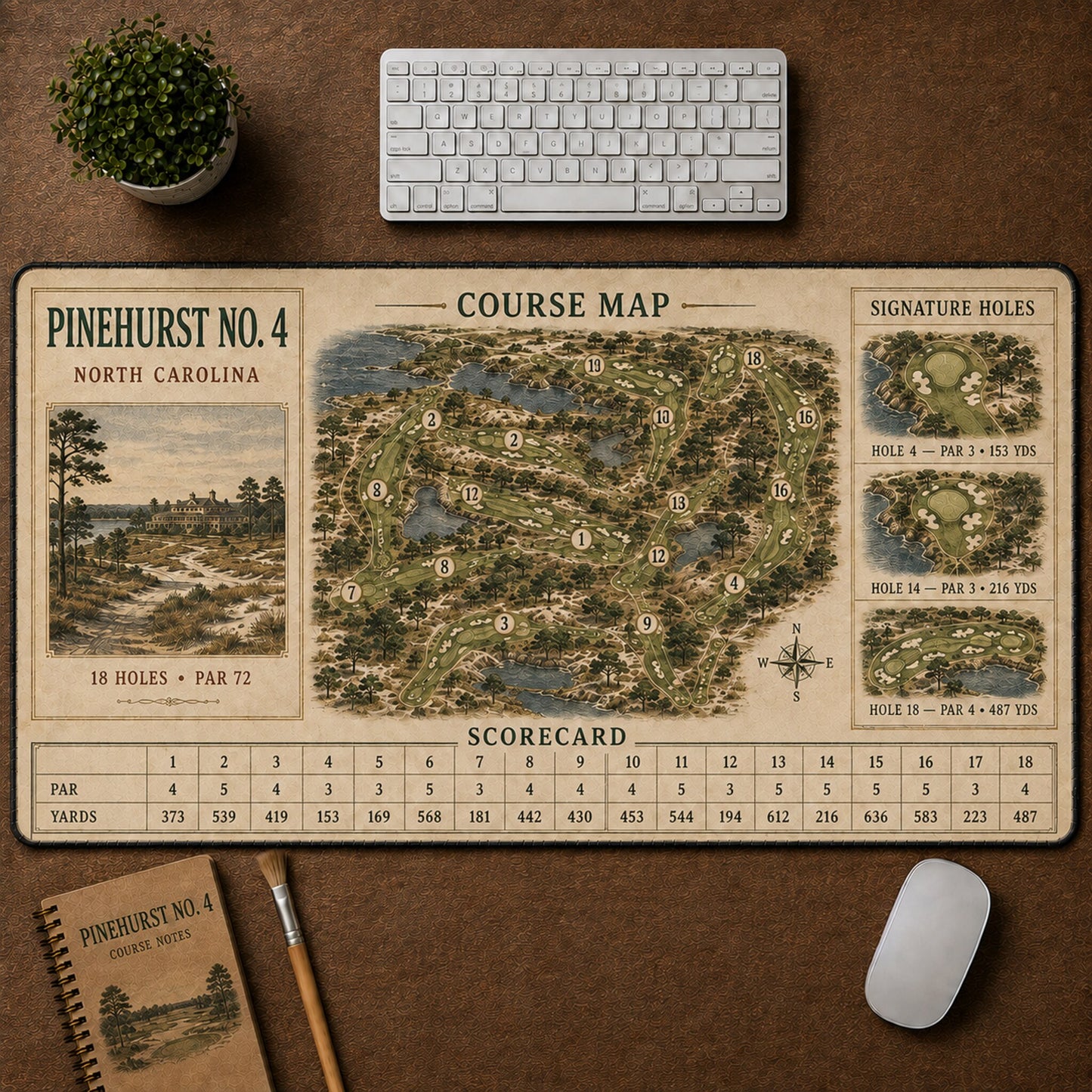 Pinehurst No. 4 Vintage Golf Course Map & Scorecard Guide Desk Mat | 5To9Vibe