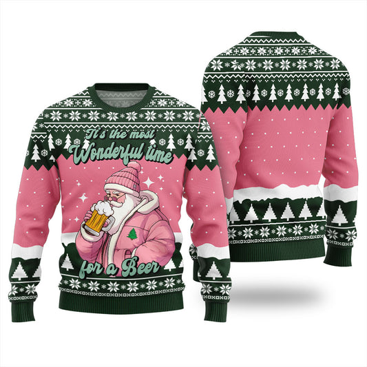 Pink Santa With Beer Christmas Sweater For Men