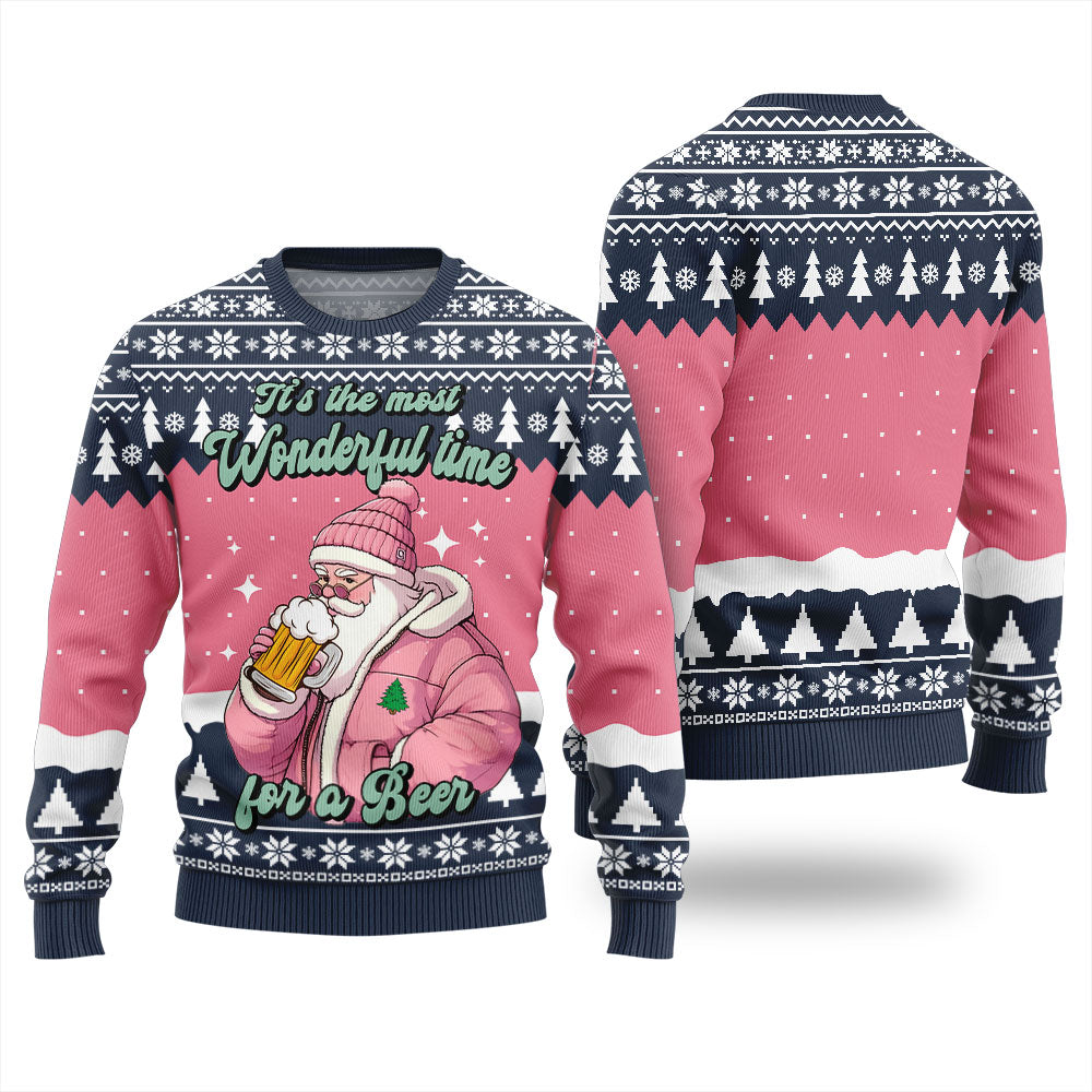 Pink Santa With Beer Christmas Sweater For Men