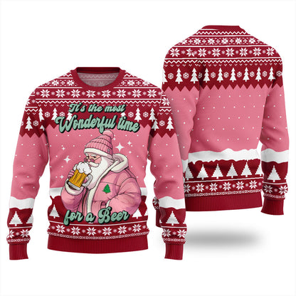 Pink Santa With Beer Christmas Sweater For Men