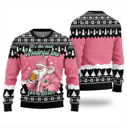 Pink Santa Wonderful Time For A Beer Christmas Sweater For Women