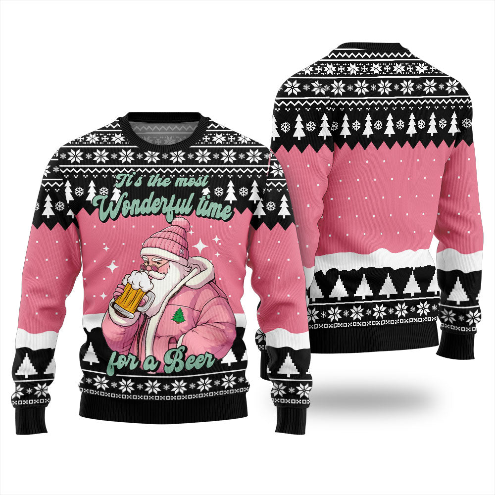 Pink Santa With Beer Christmas Sweater For Men
