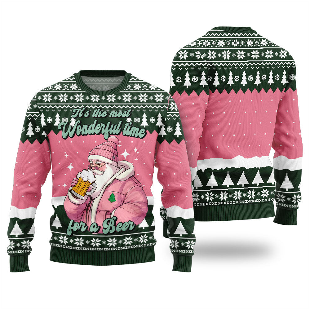 Pink Santa With Beer Christmas Sweater For Men