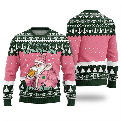 Pink Santa Wonderful Time For A Beer Christmas Sweater For Unisex