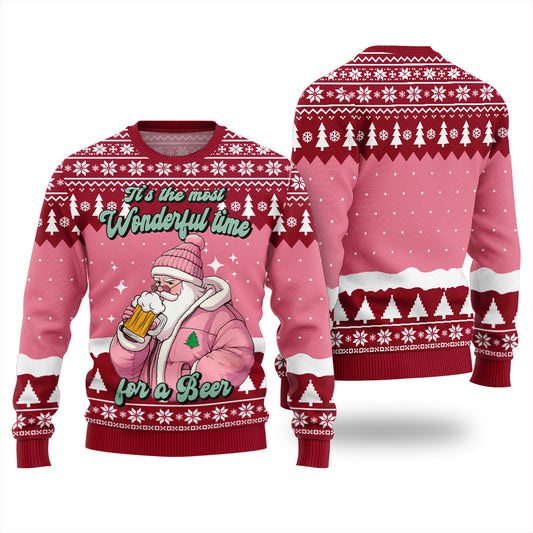 Pink Santa Wonderful Time For A Beer Christmas Sweater For Unisex