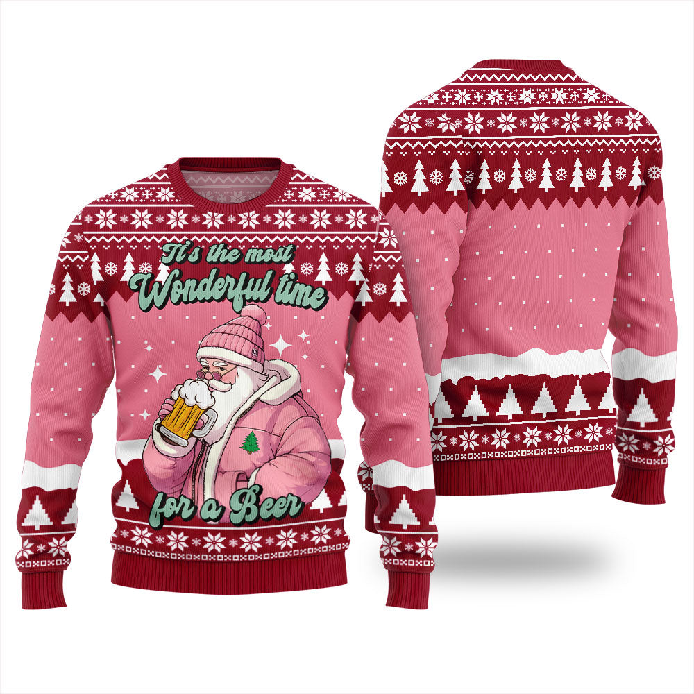 Pink Santa With Beer Christmas Sweater For Men