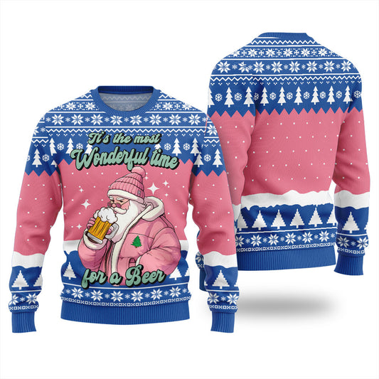 Pink Santa Wonderful Time For A Beer Christmas Sweater For Women