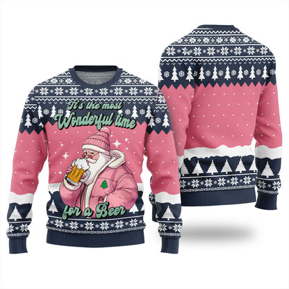 Pink Santa Wonderful Time For A Beer Christmas Sweater For Women