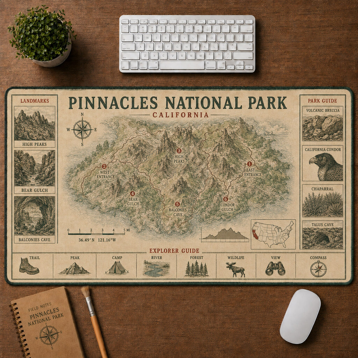 Pinnacles National Park Vintage Topographic Park Map Explorer Guide Desk Mat | 5To9Vibe