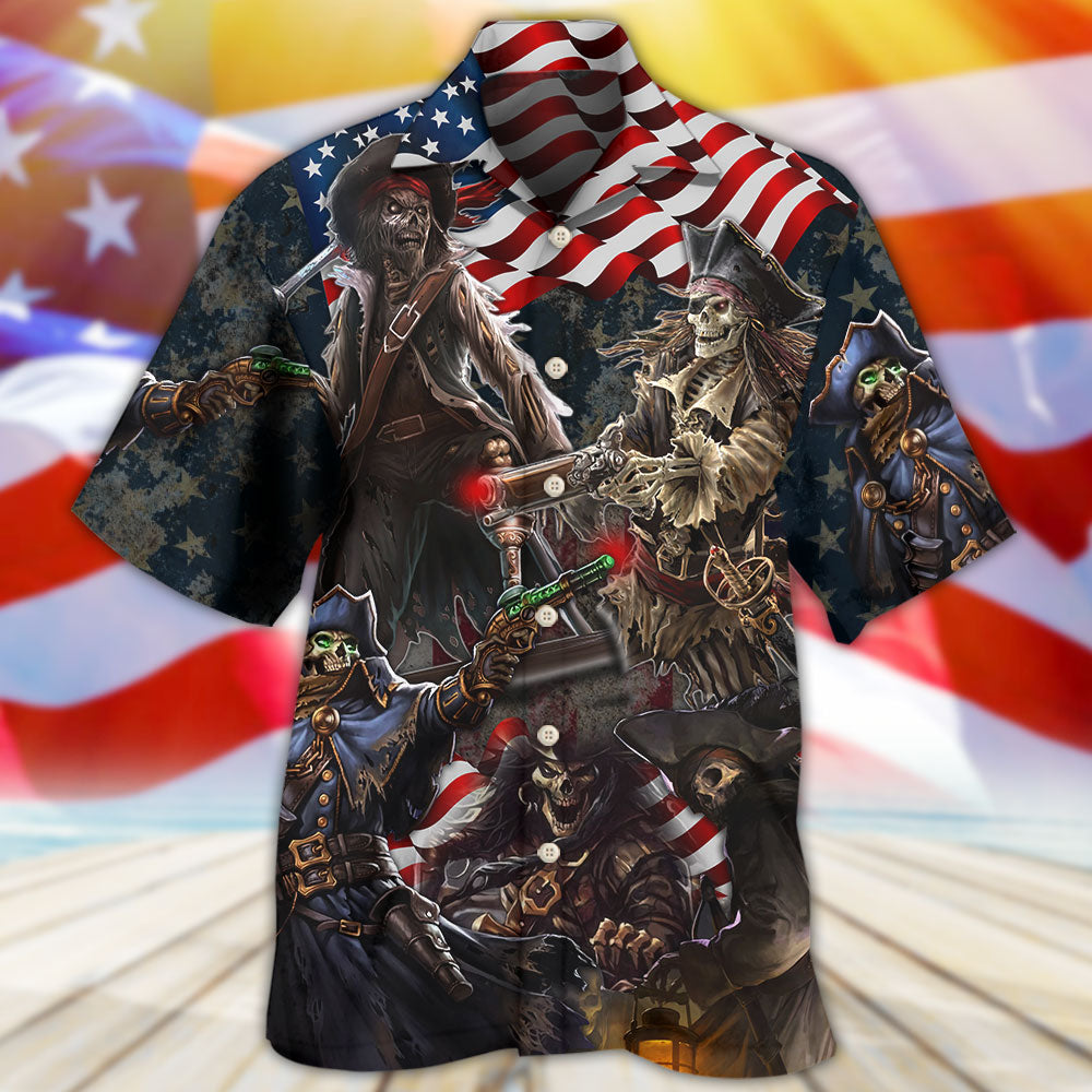 Pirate Skeleton USA Flag Independence Day - Hawaiian Shirt 