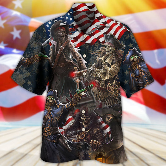 Pirate Skeleton USA Flag Independence Day - Hawaiian Shirt 