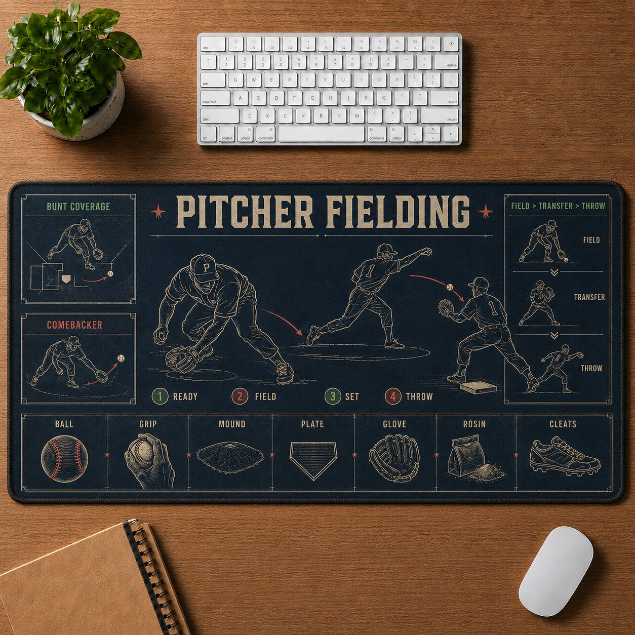 Pitcher Fielding Baseball Blueprint Desk Mat | 5To9Vibe